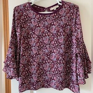 Loft Women’s Burgundy Floral Blouse with Ruffle Sleeves Size Large